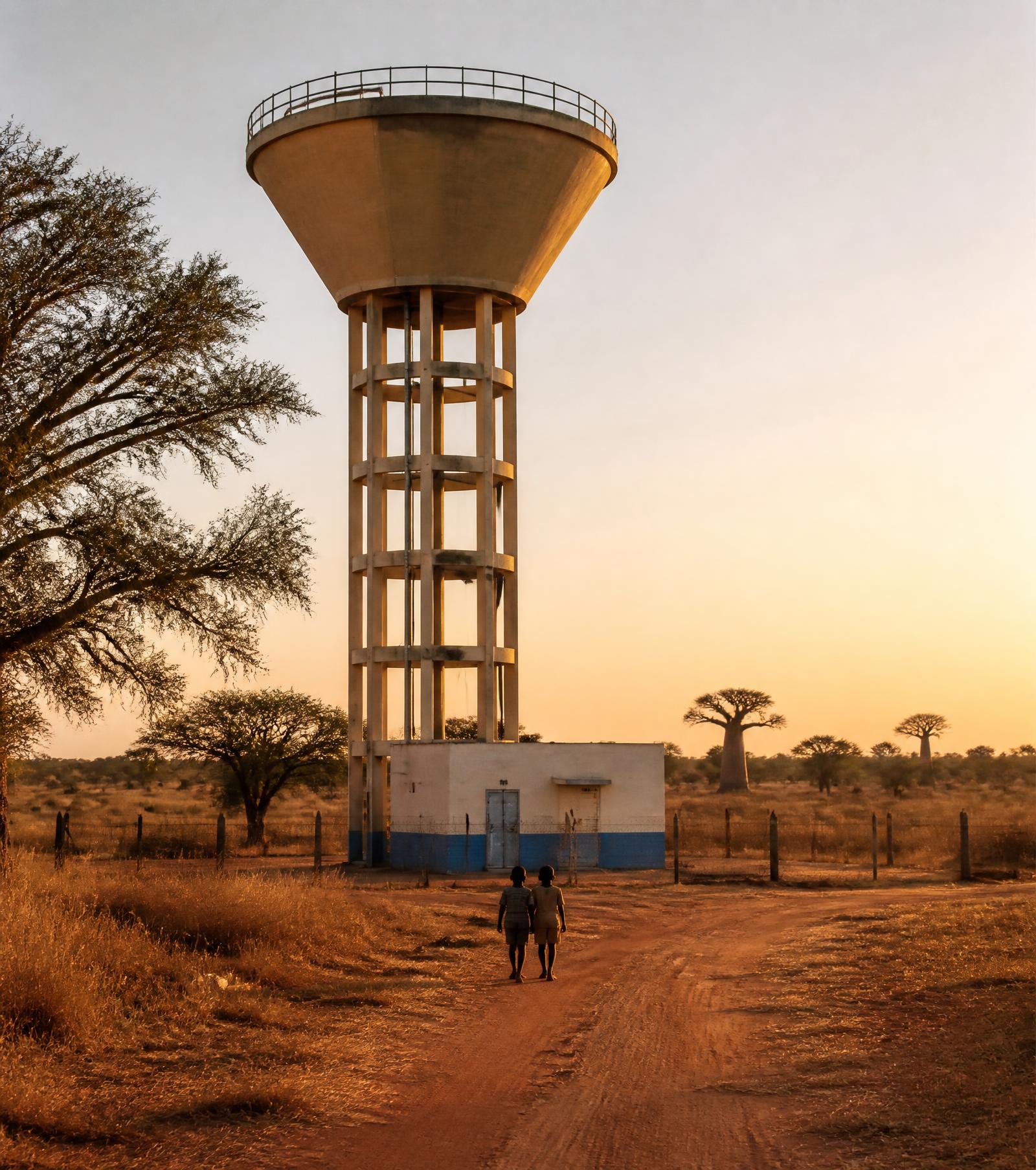 Château d'eau HICS dans la savane sénégalaise au coucher du soleil